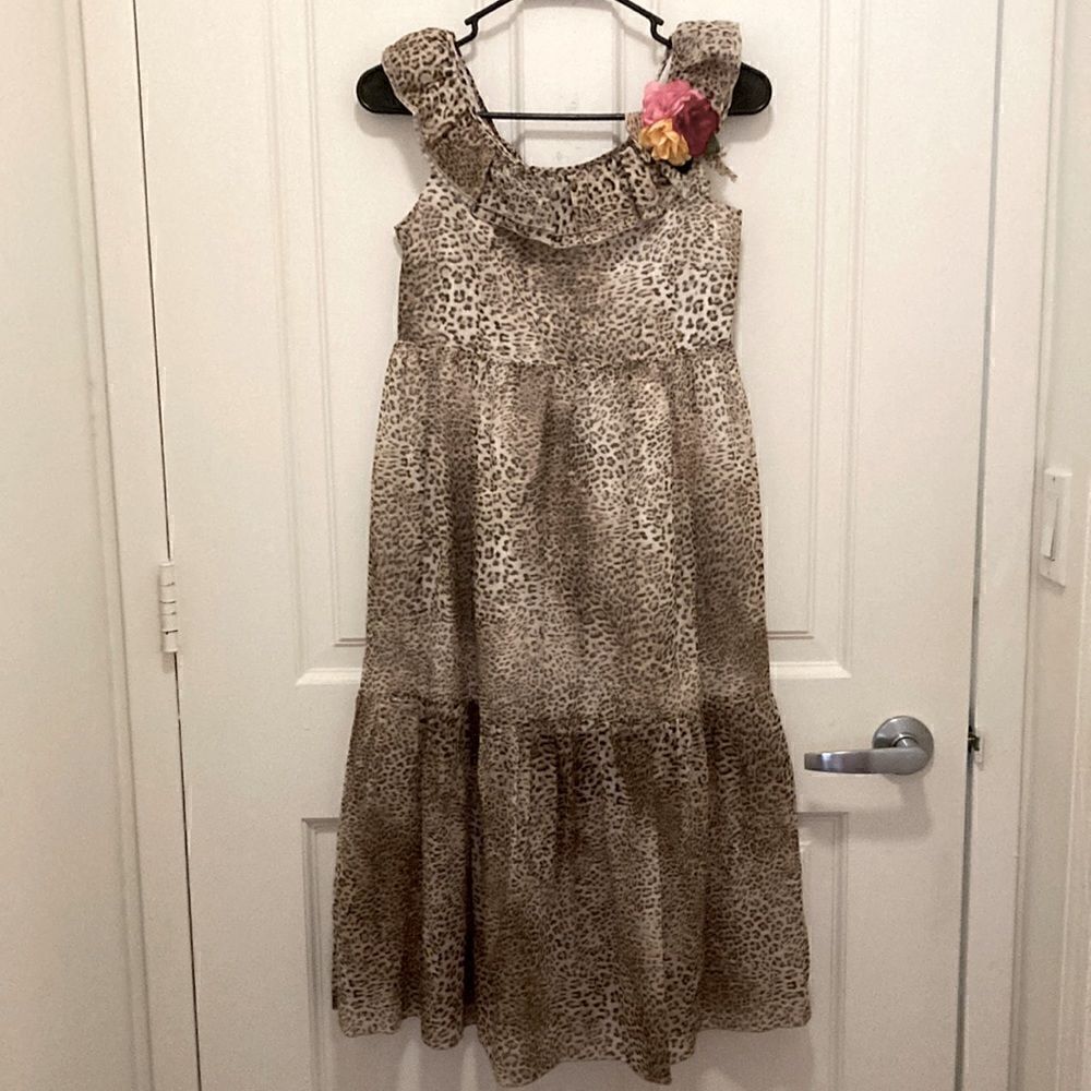 MonnaLisa Girls Maxi Dress in Animal Print with Ruffled Collar & Flower Size 12.